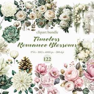 Pacchetto Clipart di fiori romantici senza tempo Fiori da matrimonio Elegante rosa bianca Verde salvia Peonia rosa Design per matrimonio Bordo floreale
