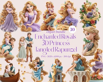 Royal Princess 3D Tangled Clipart Bundle Digital Birthday Party Decor 3D Rapunzel Princess Cake Topper PNGS Prince Princess Stickers