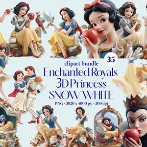 35 Royal Princess 3D Schneewittchen Clipart Bundle, 3D Schneewittchen und Zwerge PNG Prinz vergifteter Apfel digitaler Download Kunst für Party Dekor