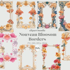 166 Nouveau Bloosom Boarder Clipart Bundle, Art Nouveau cadres PNG, journal indésirable de cadres vintage floraux, conception de mariage, téléchargement numérique
