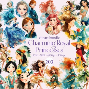212 Charming Royal Princess Clipart Bundle, Watercolor Princess PNG,Anna Elsa Belle Tiana Moana Cinderella Jasmine Ariel Mulan Rapunzel Raya