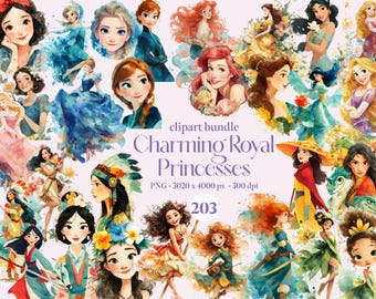 Charming Royal Princess Clipart Bundle Watercolor Princess Birthday Anna Elsa Belle Tiana Moana Cinderella Jasmine Ariel Mulan Rapunzel Raya