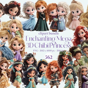 Chibi Royal Princess 3D Princess Clipart Bundle, 3D Baby Mini Princess PNG,Anna Elsa Belle Tiana Moana Jasmine Ariel Mulan Rapunzel Raya