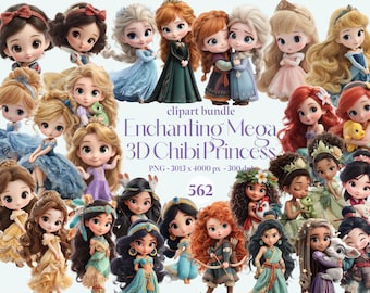 Chibi Royal Princess 3D Princess Clipart Bundle, 3D Baby Mini Princess PNG,Anna Elsa Belle Tiana Moana Jasmine Ariel Mulan Rapunzel Raya