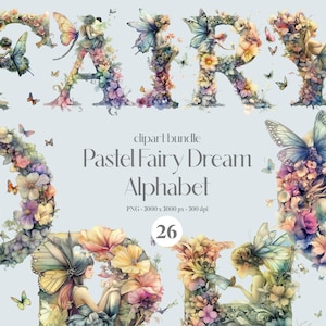 Paquete de 26 imágenes prediseñadas del alfabeto de hadas de ensueño pastel, ilustración de letras florales de fantasía, paquete PNG de letras iluminadas, monograma digital