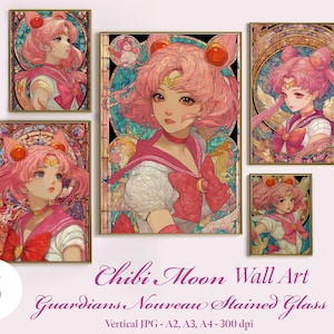 5 Chibi Moon Guardians Nouveau Stained Glass Wall Art Sailor scouts Posters Anime Printable Wall Art Anime Prints Wall Decor Digital