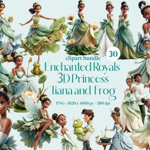 Princesa Real Princesa e Sapo Clipart Pacote, Princesa Tiana 3D PNGS Príncipe Naveen Topo de Bolo PNG Download Digital Decoração de Festa de Aniversário