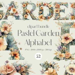 52 Pastell Garten Alphabet Clipart Bundle, elegante Blumen Buchstaben Illustration, Aquarell Leuchtbuchstaben PNG Bundle, digitaler Download Pngs