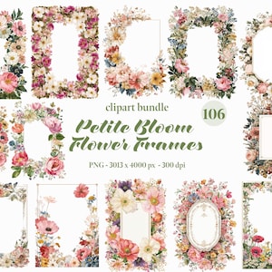 Petite Bloom Flower Frames Clipart Bundle, Lovely Petals Boarder PNG junk journal Botanical frames wedding invitation Flora Logo Design