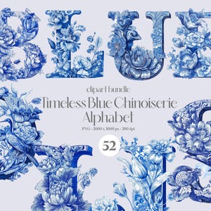 Paquete de 52 imágenes prediseñadas del alfabeto chinoiserie azul atemporal, ilustración de letras florales azules elegantes, paquete PNG de letras de tela, descarga digital