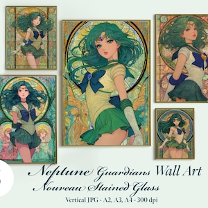 5 Neptune Guardians Nouveau Stained Glass Wall Art Sailor girl Posters Anime Printable Wall Art Anime Prints Wall Decor Digital