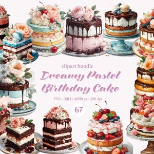 Verträumte Pastell Geburtstagstorte Clipart Bundle, Dessert, Bäckerei Illustration, Flora Hochzeit Aquarell Kuchen Geburtstagsparty PNG Digital Download