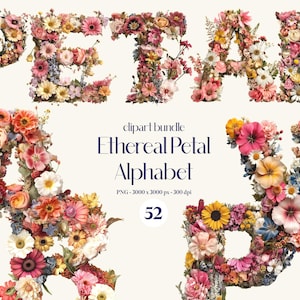 Pacchetto di 52 Clipart dell'alfabeto con petali eterei, eleganti illustrazioni di lettere floreali, pacchetto di lettere PNG illuminate con fiori, monogramma digitale