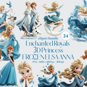 Pacote com 31 Cliparts 3D de Princesas Reais Frozen, Anna 3D PNG, Elsa 3D PNGS, Topo de Bolo Kristoff Olaf PNG, Download Digital, Decoração de Festa de Aniversário