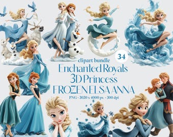 31 Royal Princess 3D Frozen Clipart Bundle, 3D Anna PNG 3D Elsa PNGS Kristoff Olaf Cake Topper PNG Digital Download Birthday Party Decor