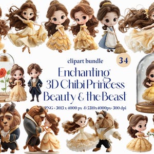 Pacchetto di clipart 3D della Bella e la Bestia, con la principessa reale Chibi, decorazione per torta in formato PNG con la principessa Baby Belle in 3D, festa di compleanno digitale della principessa.