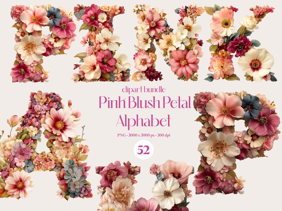 Pink Blush Petal Alphabet Clipart Elegant Floral Letters Illustration ...