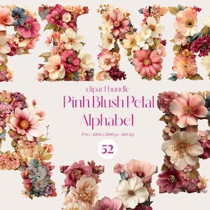 52 Clipart dell'alfabeto con petali rosa, eleganti illustrazioni di lettere floreali, lettere luminose a forma di fiore in formato PNG, monogramma digitale