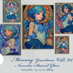 5 Mercury Guardians Nouveau Stained Glass Wall Art Sailor girl Posters Anime Printable Wall Art Anime Prints & Wall Decor Digital