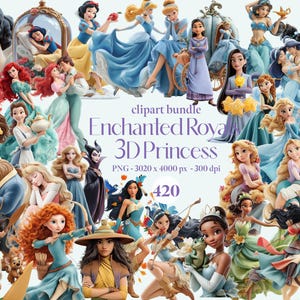 420 Enhanced Royal 3D Princess Clipart Bundle, 3D Princess PNG,Anna Elsa Belle Tiana Moana Cinderella Jasmine Ariel Mulan Rapunzel Raya Snow