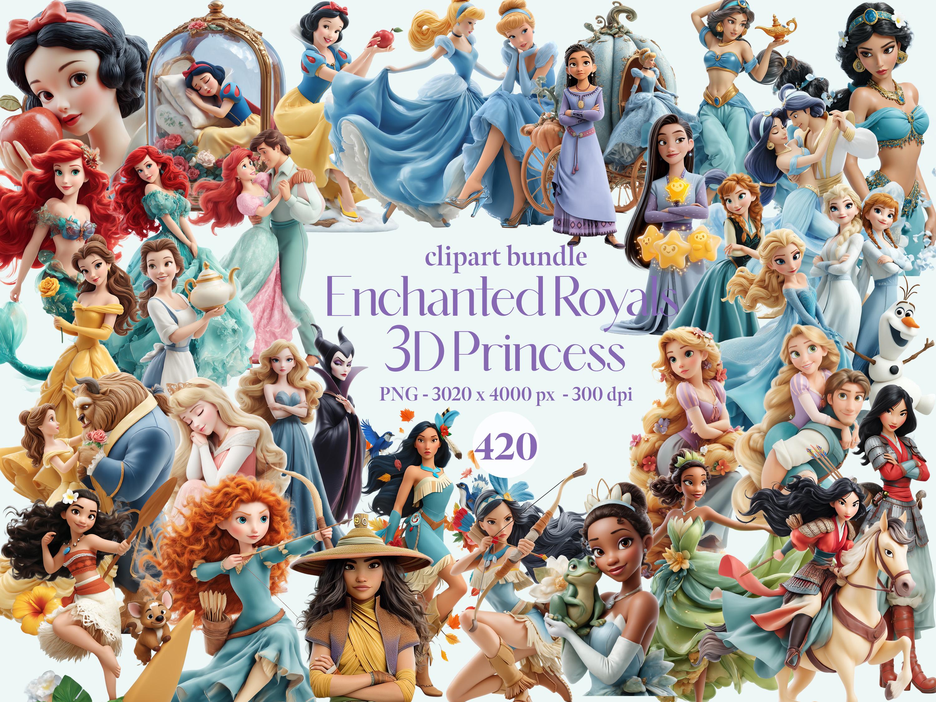 420 Enhanced Royal 3D Princess Clipart Bundle, 3D Princess PNG,Anna Elsa Belle Tiana Moana Cinderella Jasmine Ariel Mulan Rapunzel Raya Snow