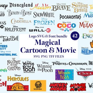 Magisch cartoonlogo en lettertypebundel SVG TTF Cricut snijden prinses Moana Frozen binnenstebuiten Stitch Cars Nemo Star War-lettertypen digitale download
