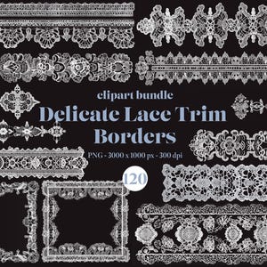Lot de 120 bordures de bordures en dentelle délicate, vintage dentelle blanche cadres PNG, journal indésirable d'éléments d'invitation de mariage, téléchargement numérique