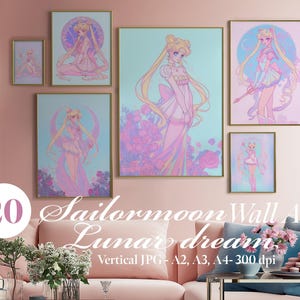 20 pósteres de pared de ensueño de Sailor Moon, pósteres estéticos de Sailor Moon, arte de pared imprimible de anime, impresiones de anime y decoración de pared, descarga digital