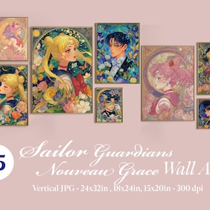 15 Sailor Guardians Nouveau Grace Wall Art Sailor Chibi moon Tuxedo Mask Posters Anime Printable Wall Art Anime Prints Digital Download
