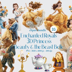 Pacchetto di 35 Clipart 3D della Principessa Reale La Bella e la Bestia, Topper per torta 3D della Principessa Belle in formato PNG, download digitale, decorazioni per feste di compleanno