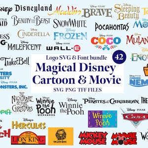 42 Magical Cartoon Logo & Font Bundle SVG TTF Cricut Cutting Disney Princess Stitch Moana Frozen Cars Nemo Star War Fonts Digital Download