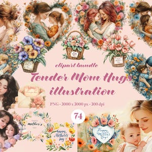 Paquete de 74 imágenes prediseñadas de abrazos tiernos de mamá. Imágenes prediseñadas del Día de la Madre. Acuarela PNG. Imágenes de amor maternal. Gráficos del Día de la Madre. Descarga digital.