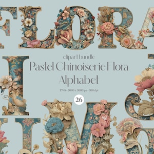 26 Clipart dell'alfabeto floreale in stile chinoiserie pastello, illustrazioni di lettere floreali eleganti in stile pastello, PNG di lettere in tela, monogramma digitale