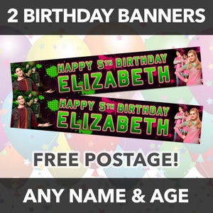 May include: Two birthday banners with the text "HAPPY 5TH BIRTHDAY ELIZABETH" in green on a black background. The banners also feature images of characters and the text "ANY NAME & AGE".