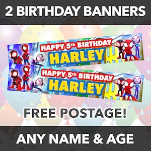 May include: Two birthday banners with cartoon Spider-Man characters. The banners say "HAPPY 5th BIRTHDAY HARLEY!" in red and yellow. The bottom of the image states "ANY NAME & AGE".