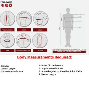 Peut inclure: Diagramme illustrant les points de mesure du corps pour des v&ecirc;tements sur mesure. Comprend la longueur devant, la poitrine, la taille, les hanches, les &eacute;paules et les manches. Le texte indique "Mesures corporelles requises".