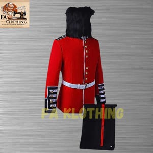 May include: A red military uniform with a black fur hat, white belt, and gold buttons. The uniform has white and black stripes on the sleeves. A black bag with a red stripe is included.