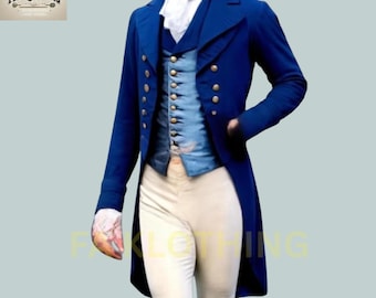 Può includere: Un soprabito blu reale con bottoni dorati, indossato sopra un gilet azzurro e una camicia bianca. L'outfit è completato da pantaloni bianchi e una cravatta bianca. L'immagine mostra abbigliamento formale storico.