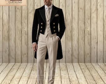 Costume pour homme en velours noir Régence récemment personnalisé, ensemble de smoking formel victorien, ensemble gilet et pantalon crème, frac de mariage