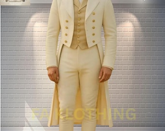 Tailcoat Régence en laine crème : boutons dorés, reconstitution historique, mariage