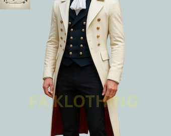 Può includere: Cappotto lungo color crema con bottoni dorati, abbinato a un gilet blu navy e pantaloni neri. Il cappotto ha un design doppiopetto e una fodera rossa. Una cravatta bianca è visibile al collo. Il logo FA-KLOTHING è nell'angolo in alto a sinistra.