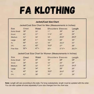 Peut inclure: Tableau des tailles de vestes et manteaux FA KLOTHING, avec mesures en pouces pour hommes et femmes. Tailles de tr&egrave;s petit &agrave; 2XL, avec mesures de poitrine, taille, &eacute;paules, manches et longueur. Remarque : la longueur varie selon le style.