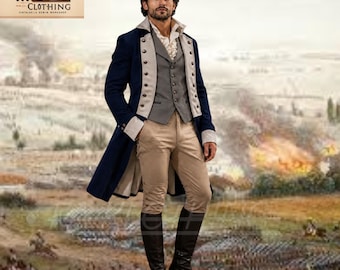 Costume queue de pie Régence pour homme nouvellement personnalisé, manteau militaire bleu, ensemble culotte historique, tenue de gentleman colonial, costume napoléonien