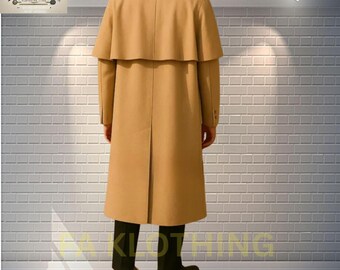Beige Wool Cape Overcoat: Vintage Trench Style, Custom Tailored