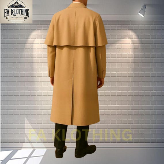 Beige Wool Cape Overcoat: Vintage Trench Style, Custom Beige Wool Cape Overcoat: Vintage Trench Style, Custom
