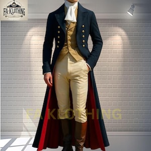 Men&#39;s Regency Wool Tailcoat: Navy & Gold Historical Reenactment Outfit