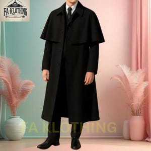 Men&#39;s Black Wool Inverness Cape Overcoat: Victorian Regency Style