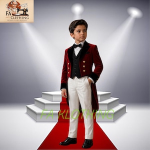 May include: A formal ensemble featuring a deep red velvet tailcoat with black lapels and gold buttons, a black vest, a white dress shirt, a black bow tie, and white trousers. The outfit is presented with the text FA CLOTHING visible in the image.
