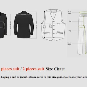 Peut inclure: Un tableau des tailles pour costumes et vestes, avec des sch&eacute;mas d'une veste de costume, d'un gilet et d'un pantalon. Les mesures sont indiqu&eacute;es pour la poitrine, la longueur des manches, l'&eacute;paule, le dos, la taille, la cuisse et l'entrejambe. Le texte en bas indique "3 pi&egrave;ces costume / 2 pi&egrave;ces costume Tableau des tailles".