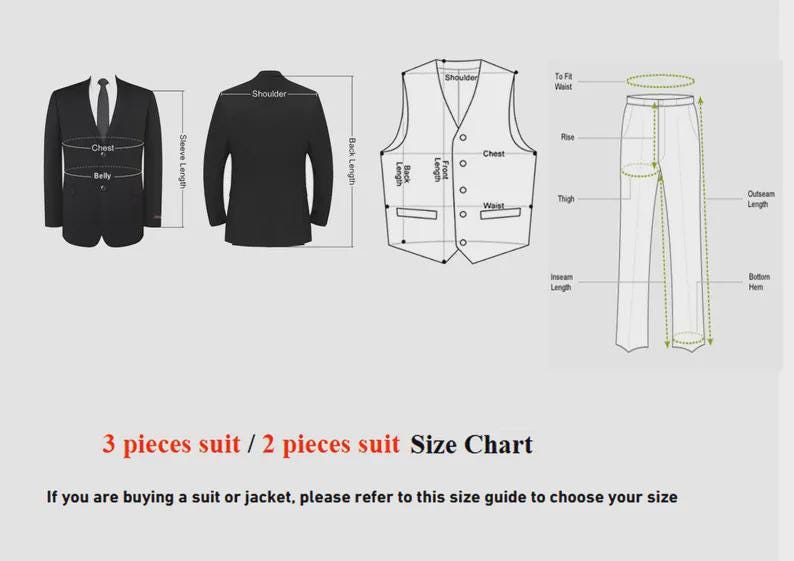 Peut inclure: Un tableau des tailles pour costumes et vestes, avec des sch&eacute;mas d'une veste de costume, d'un gilet et d'un pantalon. Les mesures sont indiqu&eacute;es pour la poitrine, la longueur des manches, l'&eacute;paule, le dos, la taille, la cuisse et l'entrejambe. Le texte en bas indique "3 pi&egrave;ces costume / 2 pi&egrave;ces costume Tableau des tailles".
